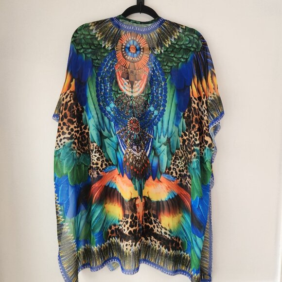 Janice Apparel Sheer Kaftan Poncho Swim Cover Bird Print Toucan Kimono OS - Picture 2 of 7